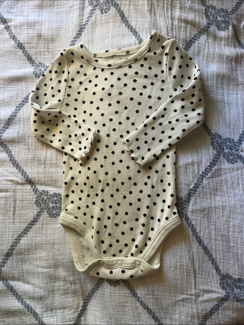 okie dokie Cream and Black Polka Dot Ribbed Long-Sleeve One-Piece